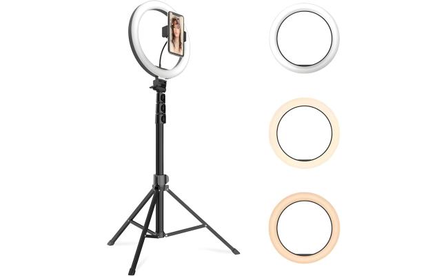 Jmary FM-536A 26cm LED Ring Light Kit with 170cm Tripod, 3 Light Modes, USB Powered, 1/4" Mount, Phone Holder, Remote for Makeup, Streaming, Photography